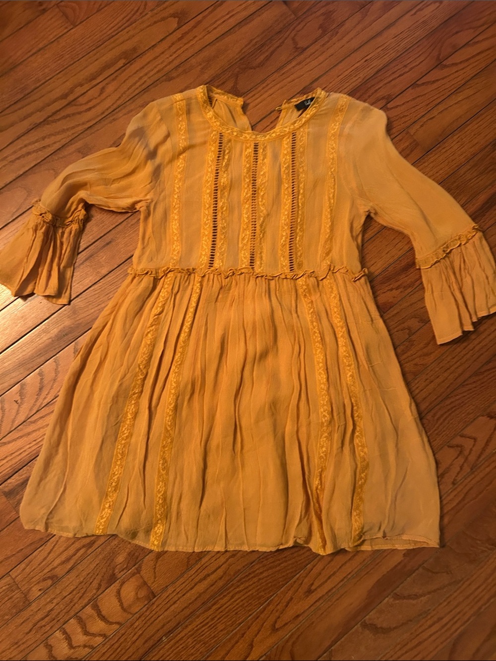 Lulu's Mustard Yellow Boho Lace-Trim Mini Dress